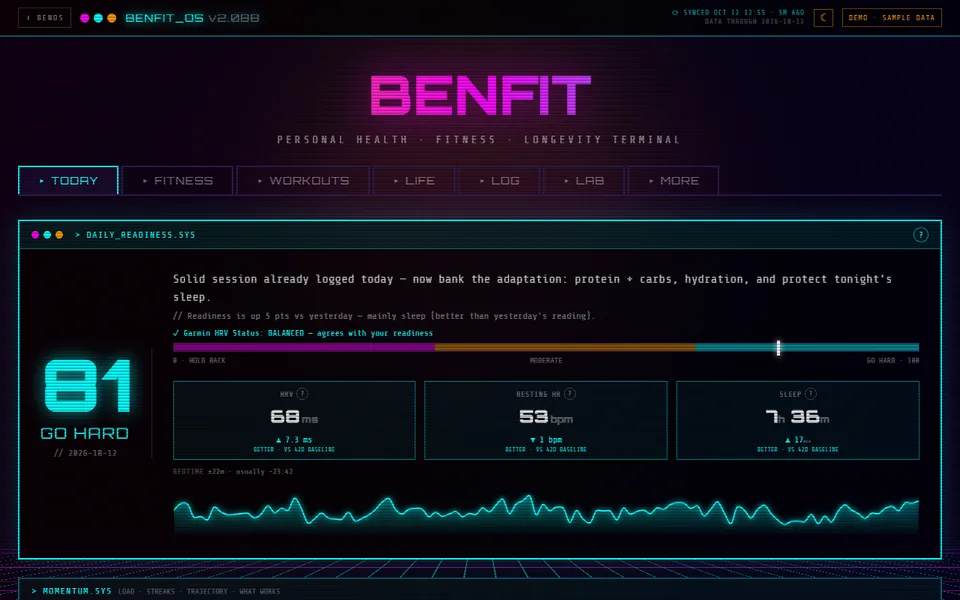 Screenshot of the BenFit demo with sample data